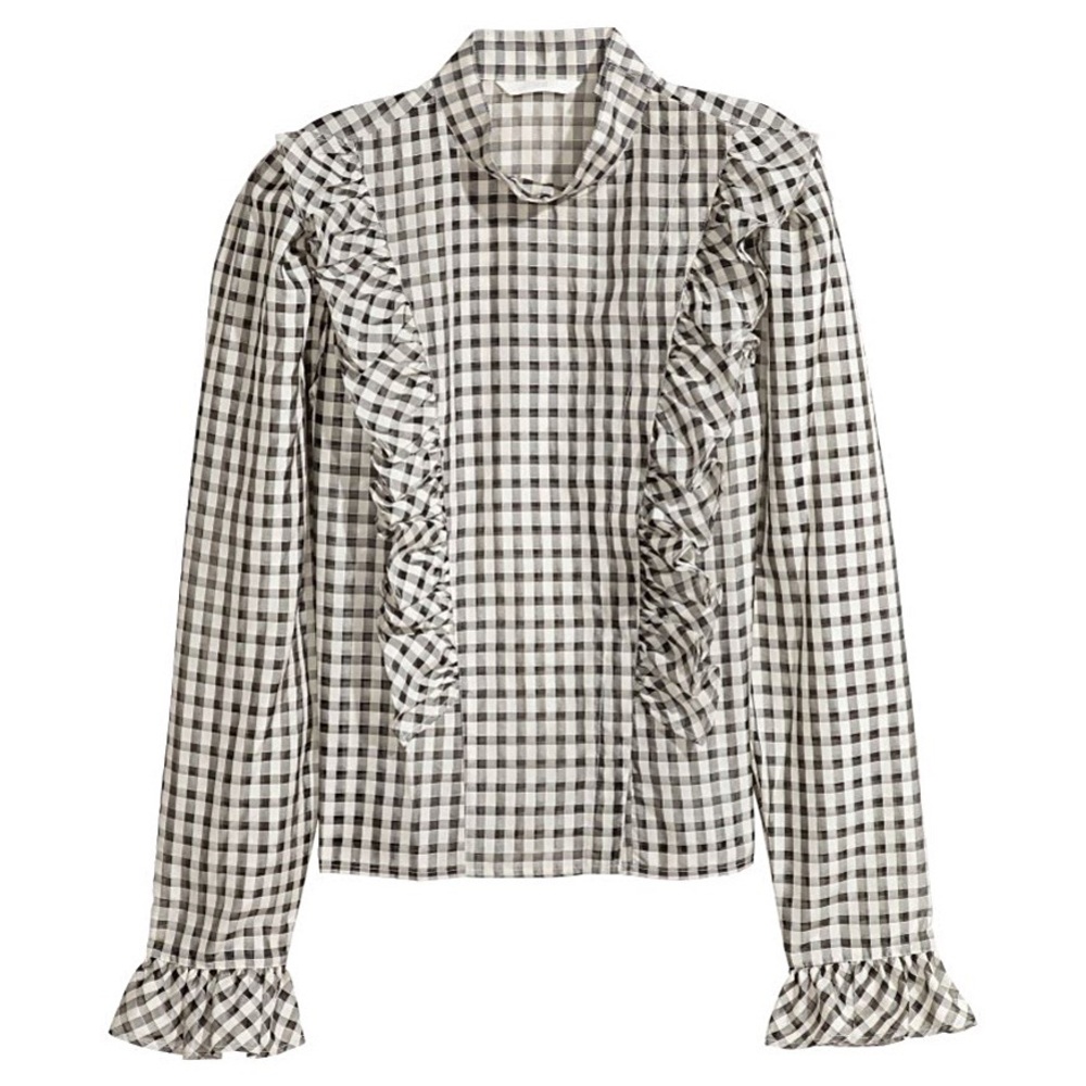 H&M Plaid Puff Sleeve Checkered Sheer Ruffle Blouse